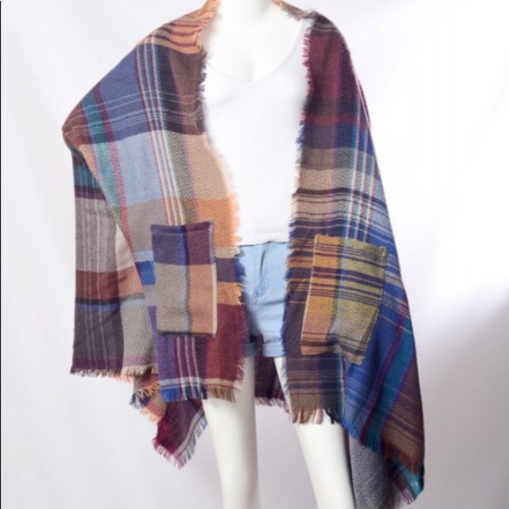 Only 1 Left!! Plaid Ruana With Pockets Poncho Wrap - Picture 3 of 7